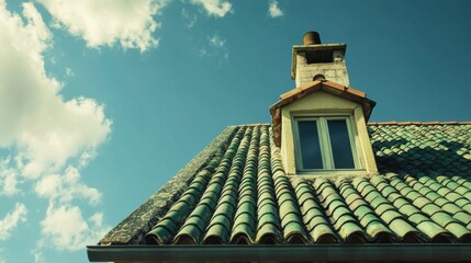 Charming Roofline Under Clear Blue Sky with Fluffy Clouds