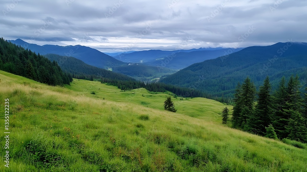 Poster panoramic view of lush green mountains and valleys under a cloudy sky in nature : generative ai