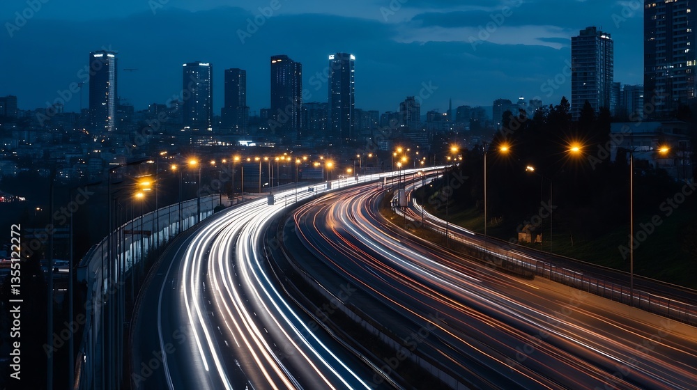 Aufkleber dynamic view of city traffic during nighttime with light trails and skyscrapers : generative ai