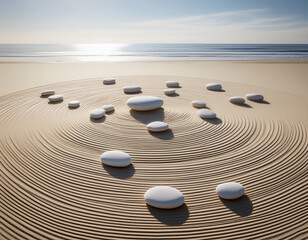 Obraz premium An elegant arrangement of smooth white pebbles placed in concentric circles on a clean neutral sand surface