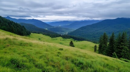 Panoramic view of lush green mountains and valleys under a cloudy sky in nature : Generative AI