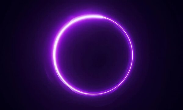 Render Neon circle rotation of frame with shining effects on dark background. Video animation Empty purple glowing techno backdrop. Round motion frame