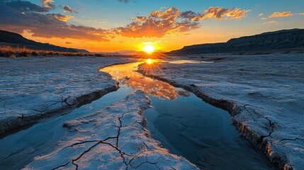 Obraz premium Riverbed reflections sunset concept. A stunning sunset reflects on a cracked landscape, showcasing the interplay between water, earth, and vibrant colors in a serene natural setting.