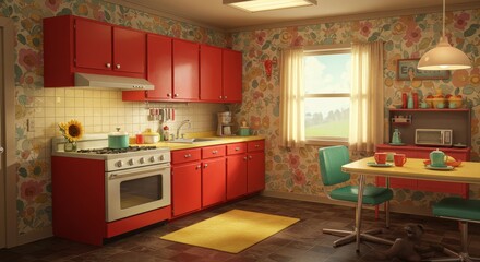 Retro Red Kitchen Delight - A nostalgic kitchen scene, symbolizing home, family, vintage , cheerful cooking, and happy memories. It's a vibrant and playful space filled with joy