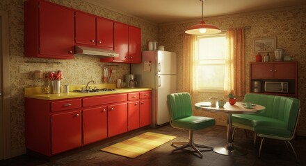Retro Kitchen Interior Design - Sunny vintage kitchen with red cabinets, yellow countertop, and green retro diner chairs. Perfect for nostalgic home design