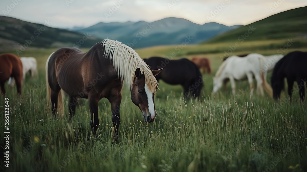 Poster beautiful herd of horses grazing in lush green meadow with mountains in the background under soft ev