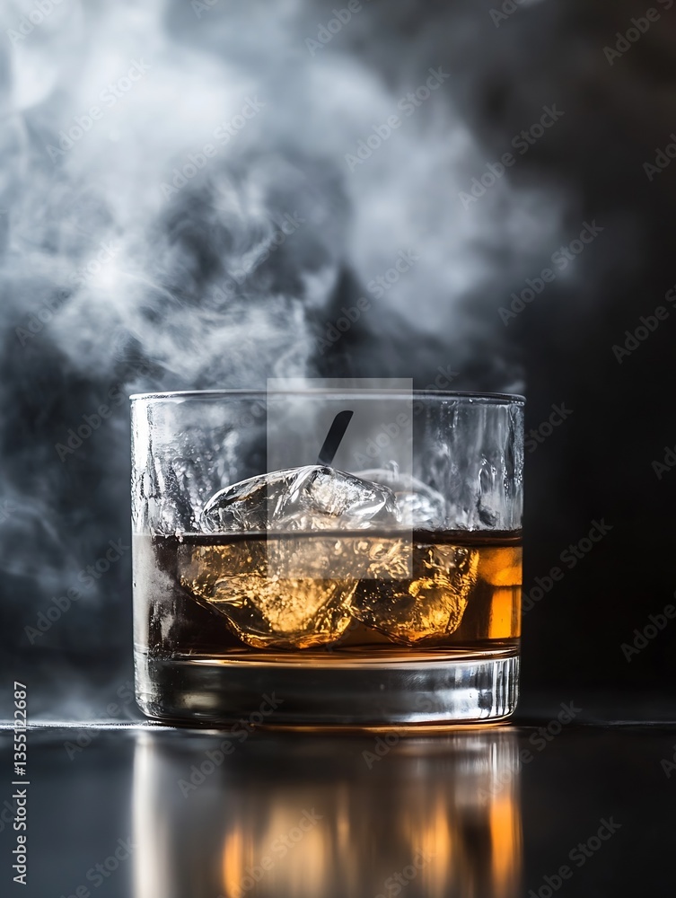 Poster elegant whiskey drink with ice and smoke in a sophisticated glass setting : generative ai