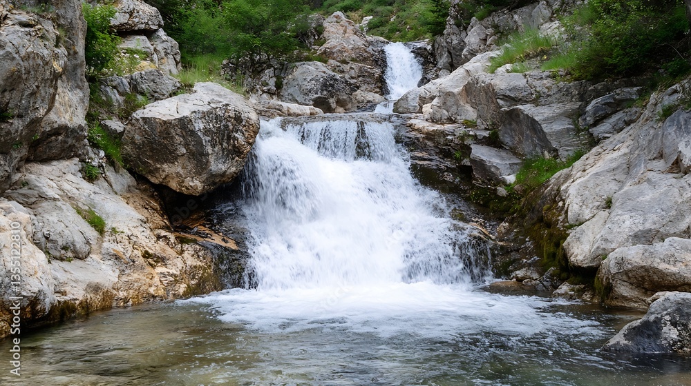Poster Refreshing image of a beautiful cascading waterfall surrounded by rugged rocks and lush greenery : Generative AI