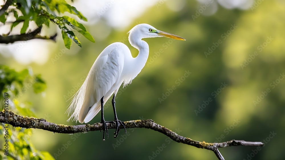 Poster majestic white heron perched on a tree branch with a vibrant green backdrop : generative ai