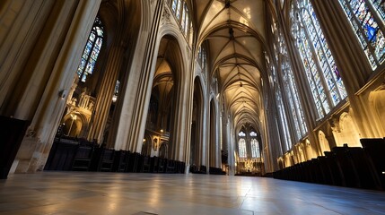 Interior of a grand cathedral with stunning architecture and colorful stained glass windows : Generative AI