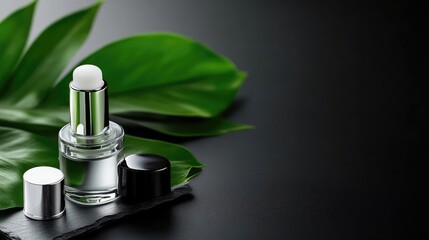 Elegant, clear glass bottle with a metallic top,  placed on a dark stone plate, surrounded by lush green leaves.  A complementary,  white lip balm sits beside