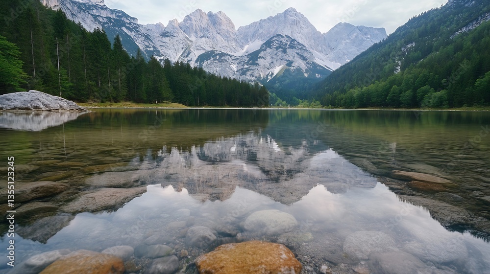 Poster serene mountain lake reflections surrounded by lush forest and majestic peaks under a cloudy sky : g