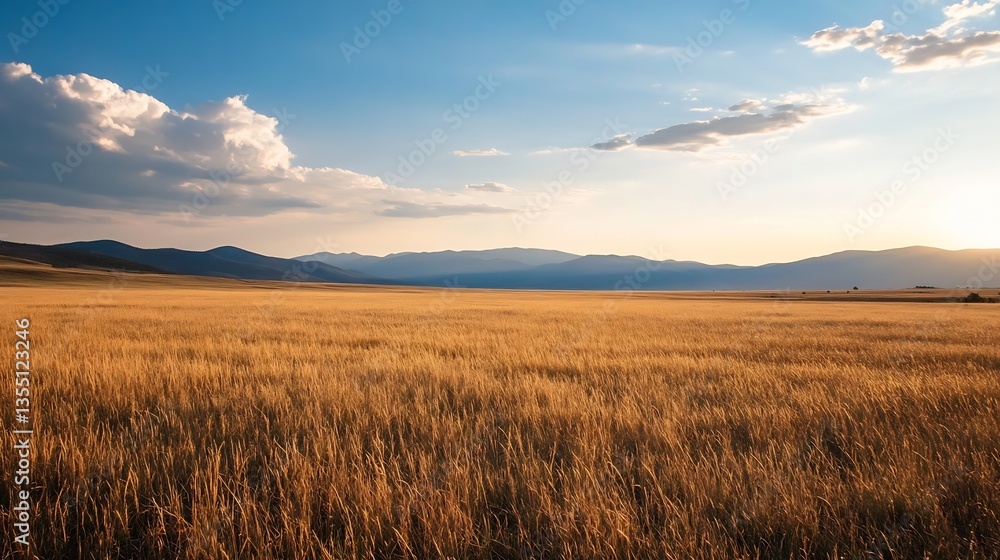 Poster golden field under a clear blue sky with mountains in the distance during a sunny day : generative a