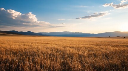 Obraz premium Golden field under a clear blue sky with mountains in the distance during a sunny day : Generative AI