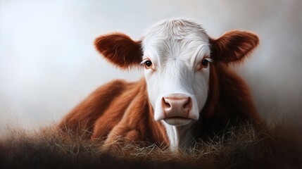 A Serene Portrait of a Hereford Calf Resting in a Bed of Hay