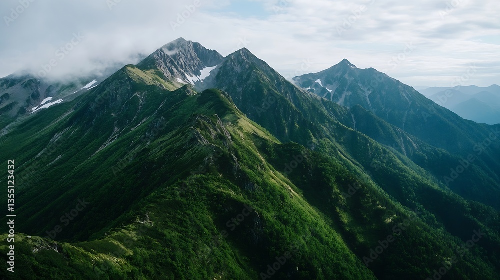 Poster breathtaking aerial view of serene mountains surrounded by lush greenery and misty clouds : generati