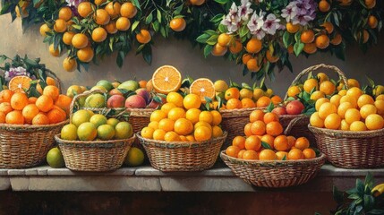 Variety of fruits and citrus sit in woven baskets for display