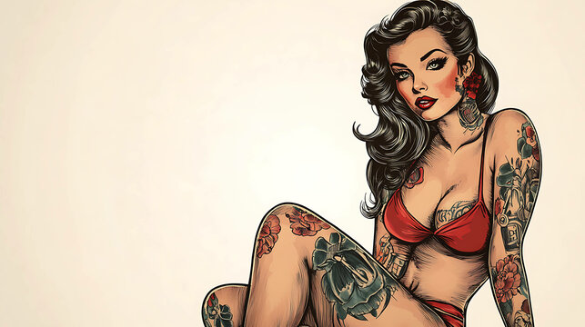 A pinup style illustration of a tattooed woman in a red bikini.
