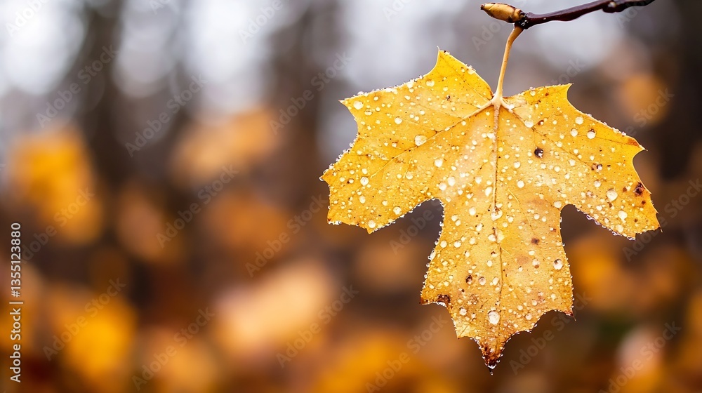 Poster vibrant golden maple leaf with dew drops hanging from a branch amidst a soft blurred background : ge