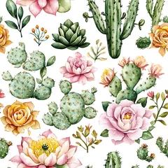 Gordijnen Botanical watercolor illustration, seamless pattern of succulents and blooming cactus © Tatiana 