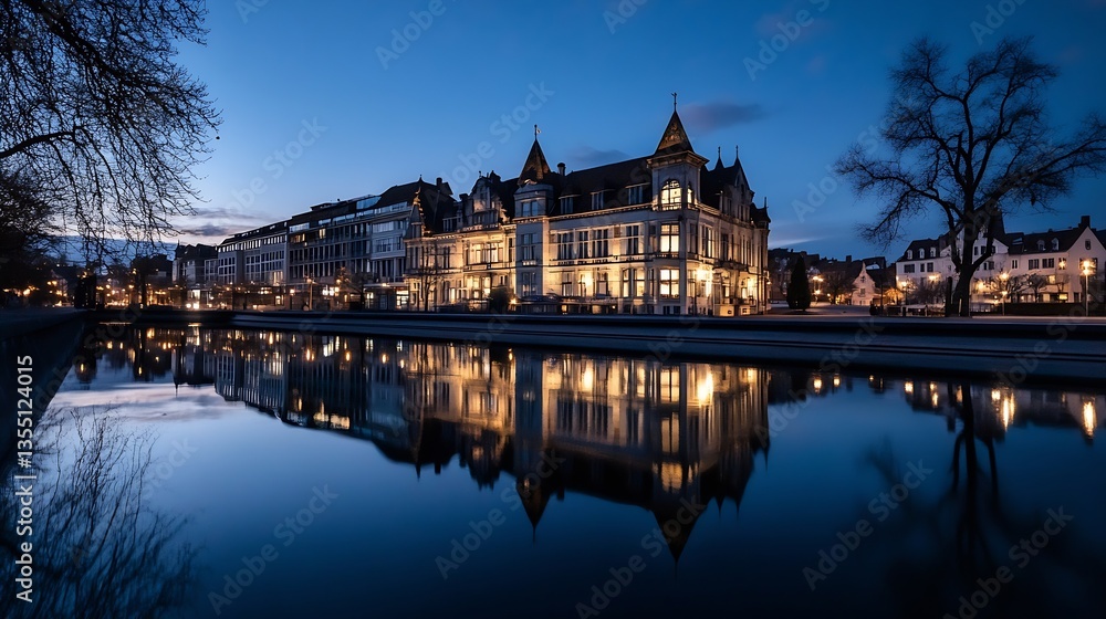 Poster elegant historical building reflected in calm water under the evening sky at dusk : generative ai