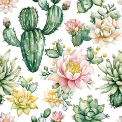 Botanical watercolor illustration, seamless pattern of succulents and blooming cactus