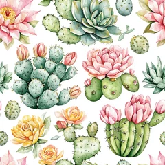 Botanical watercolor illustration, seamless pattern of succulents and blooming cactus