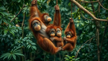 Orangutans Family Hanging on Ropes in Lush Green Jungle Environment