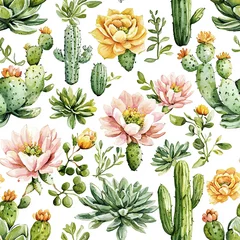 Botanical watercolor illustration, seamless pattern of succulents and blooming cactus