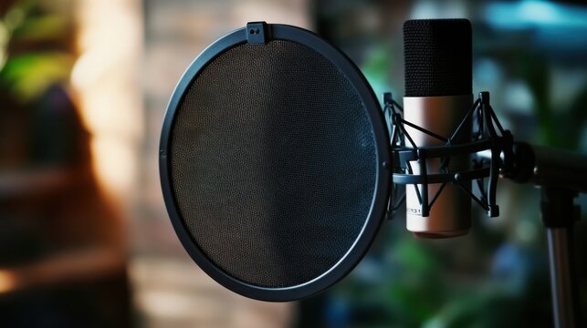 A professional pop filter with a sleek, circular black mesh and sturdy metal frame, attached to a modern microphone stand in a studio setting. The background is softly blurred.
