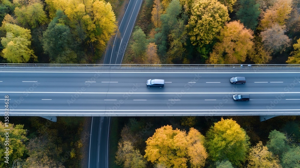Poster aerial view of modern highway with cars surrounded by colorful autumn trees and vibrant foliage : ge