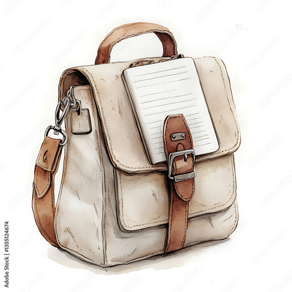 Poster stylish planner bag featuring soft, neutral color with leather accents and notepad attached, perfect
