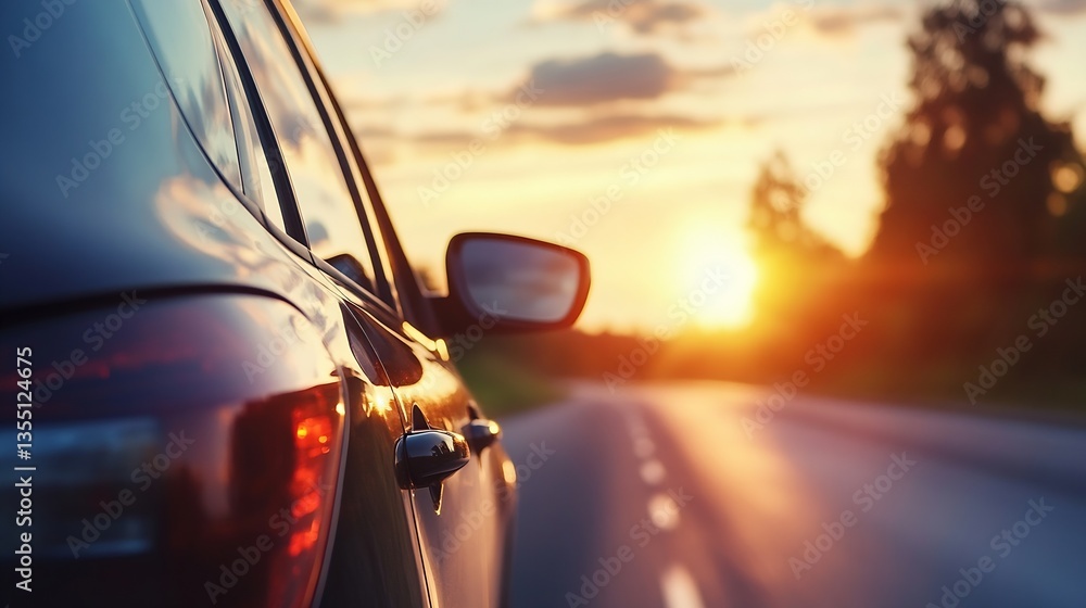Poster scenic sunset view from a car window highlighting the tranquil beauty of nature and the open road : 