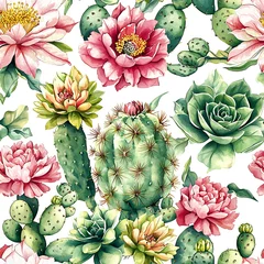 Botanical watercolor illustration, seamless pattern of succulents and blooming cactus