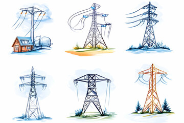 Power Transmission Towers Illustration Set