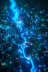 Circuit Board with Glowing Lights and Futuristic Technology Flowing Energy