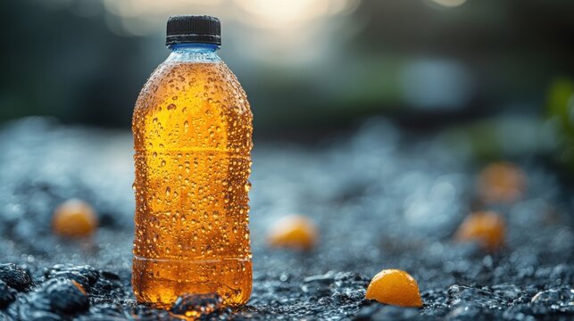 Refreshing Iced Orange Beverage in Plastic Bottle on Dark Background