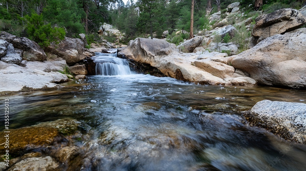 Aufkleber Scenic image of a calm stream flowing over rocks surrounded by lush green trees in nature : Generative AI