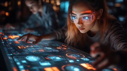 Woman coding futuristic interface, team blurred background, tech startup