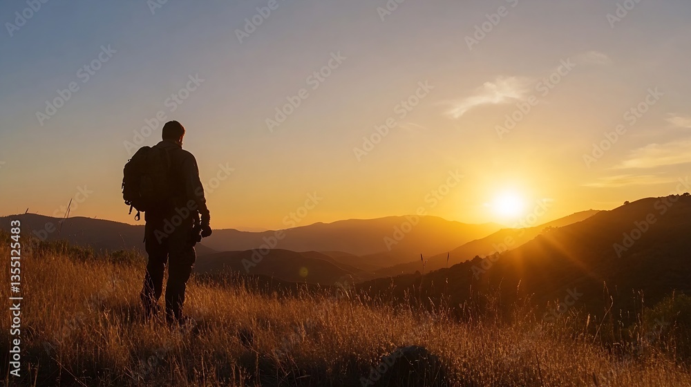 Poster silhouette of a lone hiker overlooking mountains at sunset with golden skies creating a serene atmos