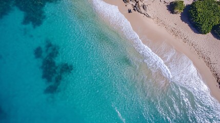Aerial view of a serene beach with turquoise waters and gentle waves lapping at the shore : Generative AI