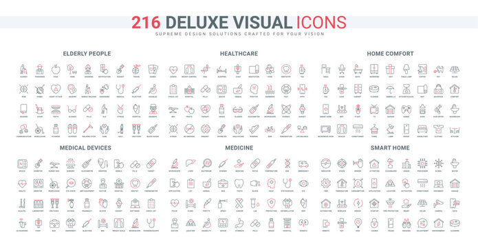 Medical device and surgery, laboratory equipment, healthcare, smart home line icon set. Elderly, communication and gadgets for grandma and grandpa thin black and red outline symbol vector illustration
