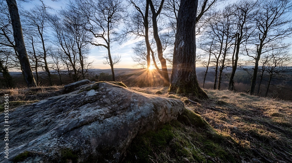 Fototapete scenic sunset view through trees in a tranquil forest creating a serene landscape : generative ai