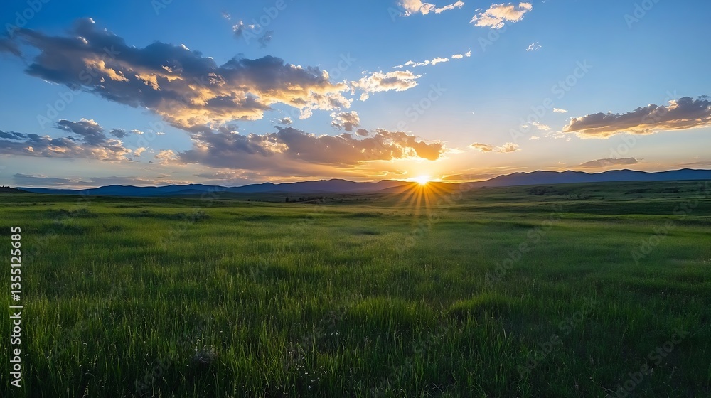 Poster stunning sunset over expansive grassy fields with a dramatic sky and distant mountains : generative 