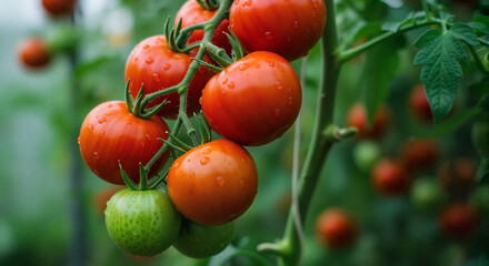 Ripe tomatoes with raindrops on green vine