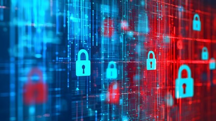 Obraz premium Digital Security Concept with Blue and Red Lock Icons on Data Streams in Cybersecurity Background