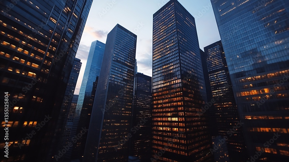 Poster stunning nighttime view of towering skyscrapers with illuminated windows reflecting the urban skylin