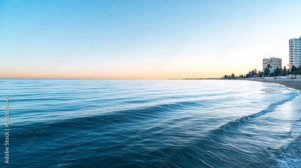 Poster calm ocean waves gently lapping against the shore at sunset with a beautiful skyline in the backgrou