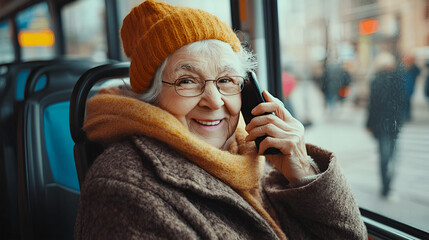 elderly woman talking on the phone in the bus during the trip