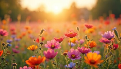 Obraz premium Bright field with various colorful flowers. Scenic nature landscape in spring or summer season. Sunny day with soft pastel colours. Floral blossom background for holiday or easter design.